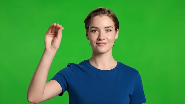 Beautiful young woman with short hair wearing a blue t-shirt making a hand gesture in front of a green screen background