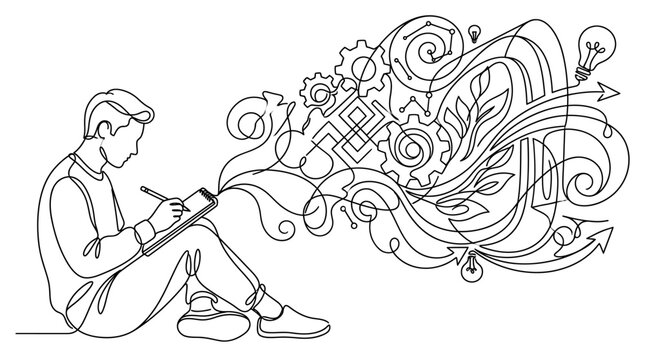 Continuous line drawing of a creative person sketching ideas.