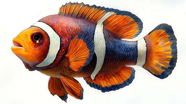Detailed anatomical illustration of a Clownfish, highlighting key features relevant to de-extinction projects, presented as a sharp and informative image against a white background 