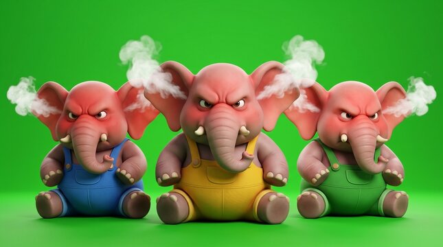Three Angry Cartoon Elephants with Steam Coming Out of Their Ears.
