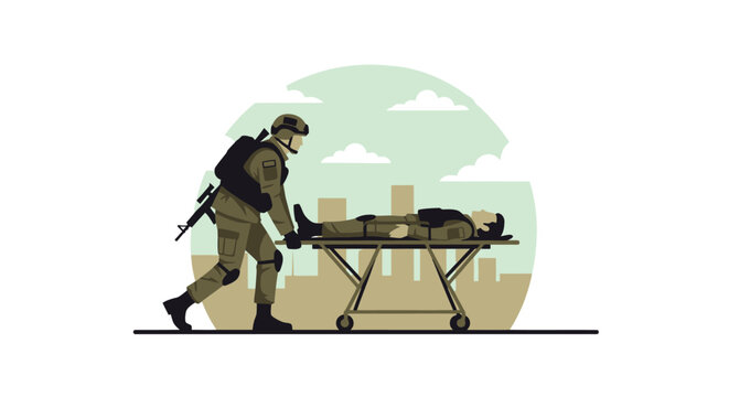 Soldier pushing a stretcher with an injured person.