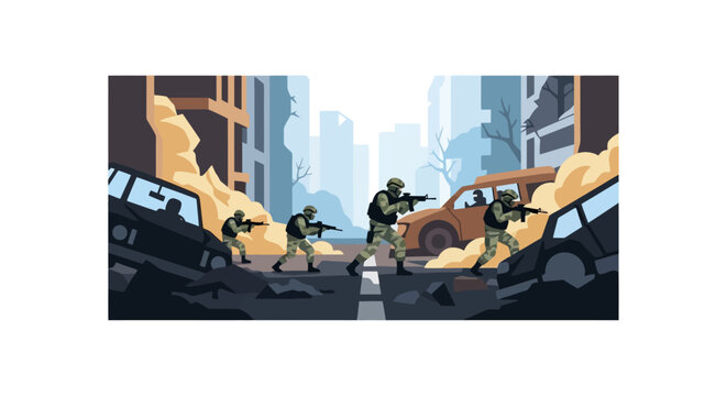 Soldier standing in city street fight.