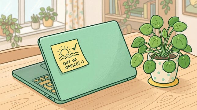 Beautiful digital illustration of a closed laptop on a wooden desk featuring a sticky note saying out of office celebrating the happy beginning of summer vacation travel and digital disconnect