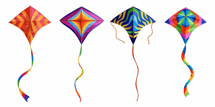 Four colorful diamond kites with flowing tails against a white background
