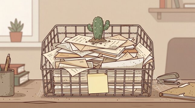 Detailed digital illustration of an overflowing wire basket full of ignored office paperwork and envelopes with a green cactus growing out of it symbolizing long work absence and vacation disconnect