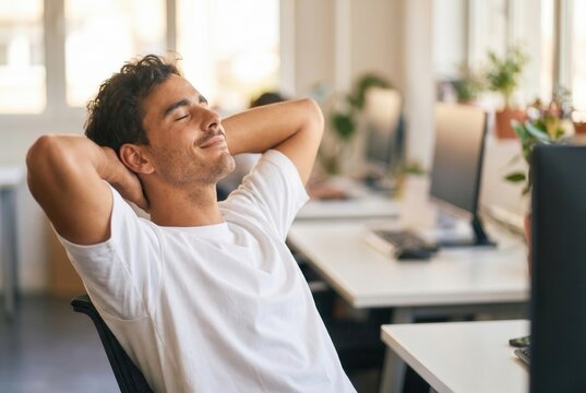 Young man smiling, taking a moment to relax during a break from work in an office setting