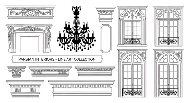 Detailed black and white line drawings of ornate Parisian interior design elements and architectural features.