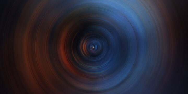 Dark blue and orange circular motion blur abstract art creating tunnel effect with central light source and grainy textures.