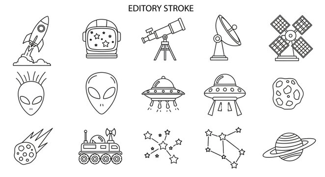 Space exploration and alien life icons collection.