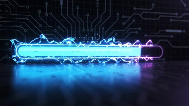 Futuristic digital loading bar with glowing blue energy particles and circuit board background