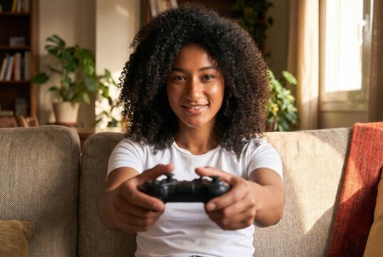 Young woman smiling, sitting on a sofa playing video games