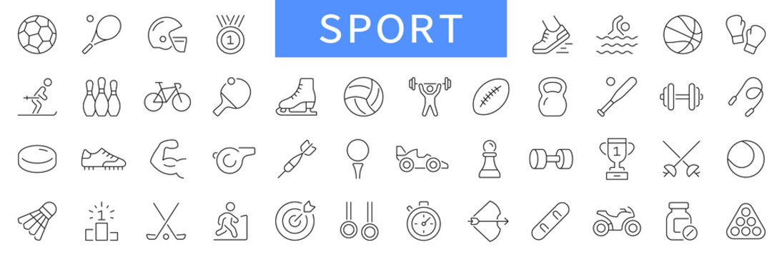 Sport thin line icons set. Sport equipment icon. Editable stroke. Vector