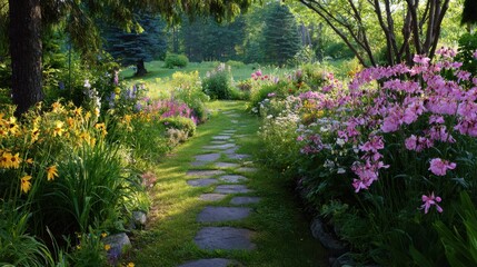 Fototapeta premium Stone garden path leading through a sun-drenched garden filled with yellow and pink flowers pathway