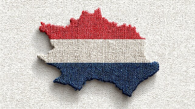 Stylized map outline of the Netherlands, meticulously stitched with bold red