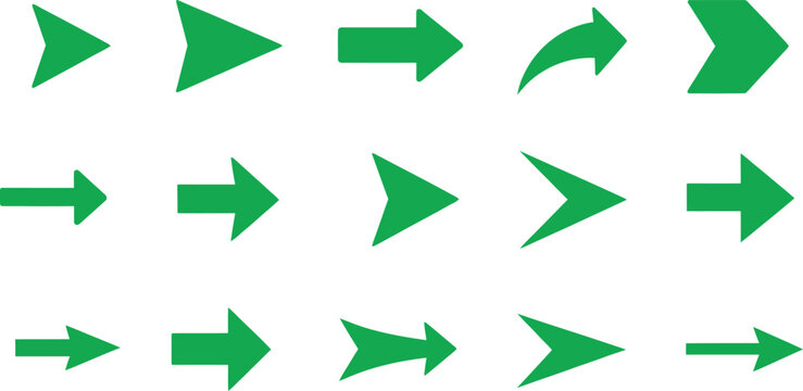 Collection of vibrant green arrow icons representing direction movement and progress