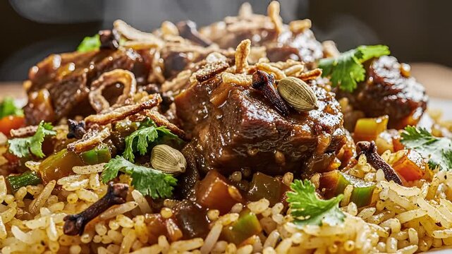Delicious Lamb Biryani Served Hot with Fresh Herbs and Spices.