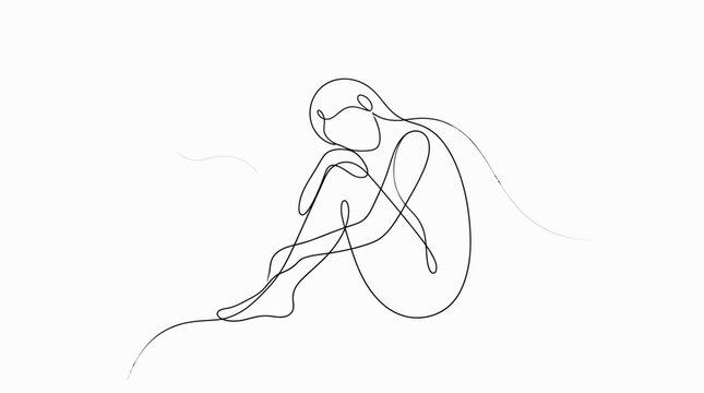 Minimalist continuous line art of a sad woman sitting alone.