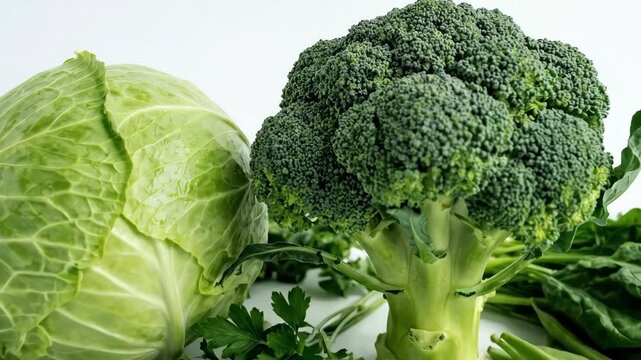 Fresh green vegetables including broccoli and cabbage on white background, healthy eating concept, organic produce, clean food composition, bright studio light, realistic detail, no logos