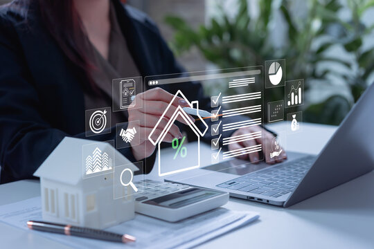 Business Woman analyzing real estate investment on laptop, financial planning, mortgage and banking strategy, profit growth, value increase and asset management concept.