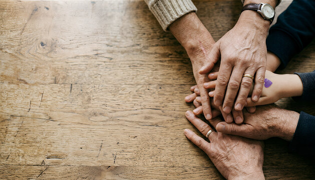 An overhead view of multiple hands of different ages joined together on a wooden table, symbolizing family unity and connection across generations.