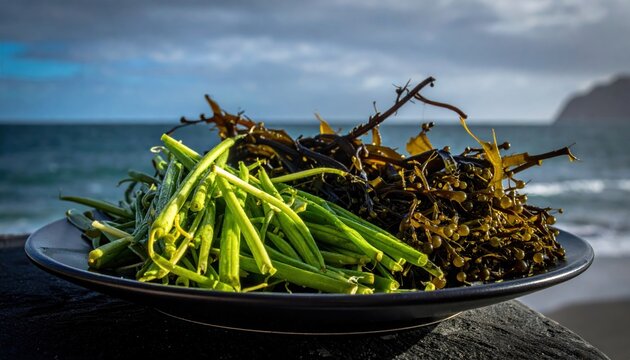 Fresh foraged samphire and seaweed arranged on a dark plate by the ocean. This artisanal selection of coastal ingredients showcases natural beauty, perfect for culinary and food photography.