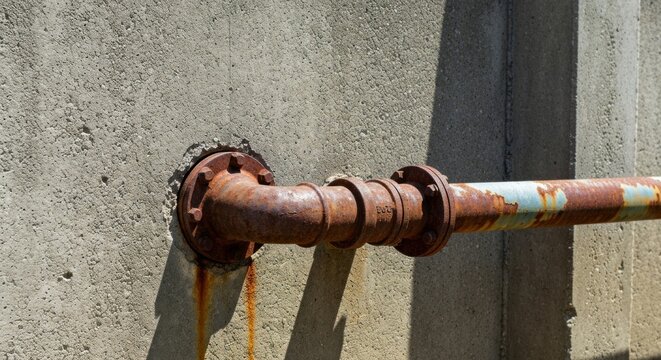 A rusty metal pipe bends from a concrete wall, sunlight creating shadows