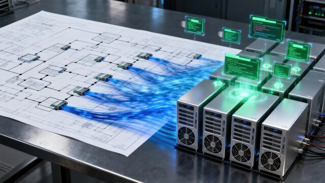Enterprise server cluster processing data flow from network blueprint with glowing connections and real time analytics interface in modern IT infrastructure environment, idea for cloud computing