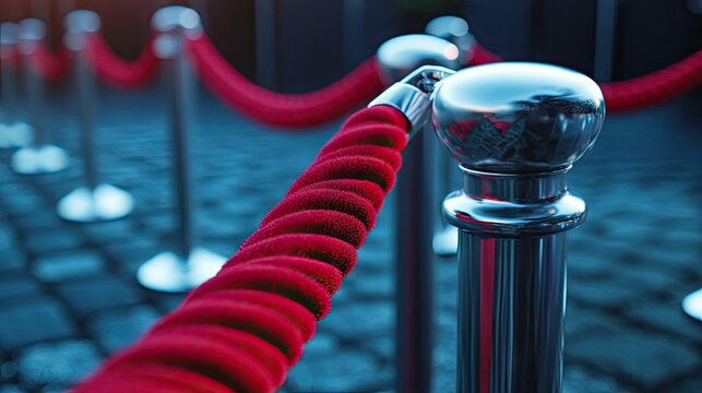 Elegant red velvet rope barrier with shiny chrome stanchions creating an exclusive atmosphere in a sophisticated event setting, enhancing a sense of luxury and prestige