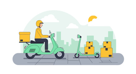 Fototapeta premium Delivery driver on scooter with packages, ready for urban transport.