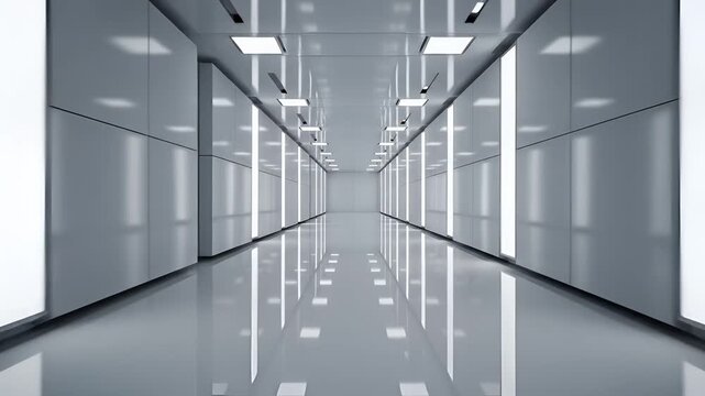 Futuristic Clean Corridor with Reflective Floor and Bright Lights.