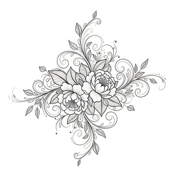 Black and white line art drawing of fantasy tree with mystical creatures and leaves