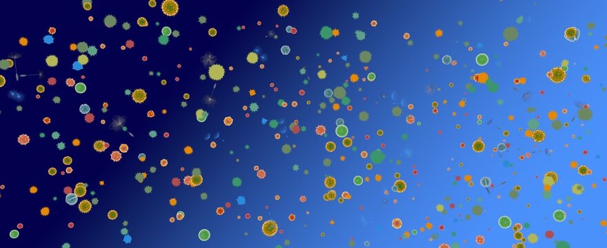 3D animated illustration of pollen, dandelion seeds, and fluffy balls that trigger spring allergies. Moving and floating in the air. Diverse graphic style on a blue background.