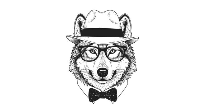 Stylish wolf character wearing a fedora hat, glasses, and a bow tie in a detailed hand drawn sketch style for hipster design.