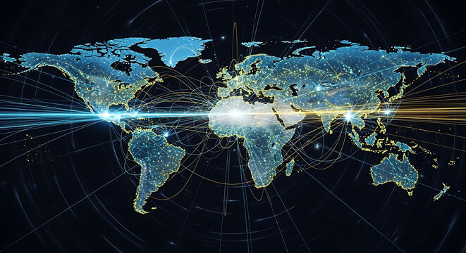 Global Network Connections Across United States Map with Illuminated Lines and Cities