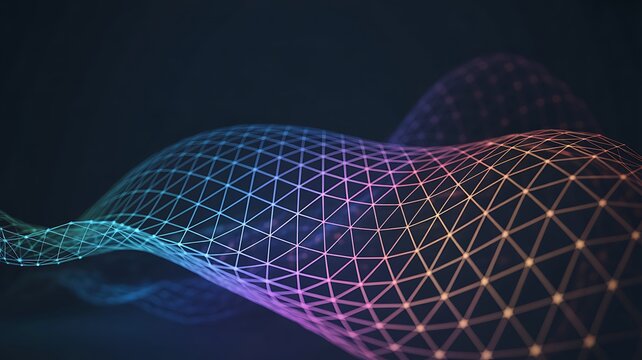 Colorful gradient wave pattern with interconnected lines and nodes on dark background