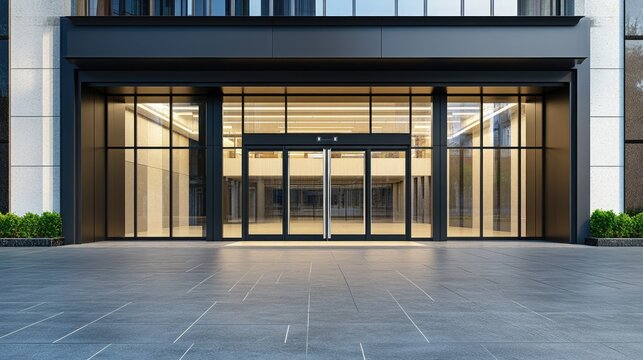 Modern Office Entrance with Glass Facade, Elegant Architecture, and Open Space Design for Commercial Use in Urban Environment