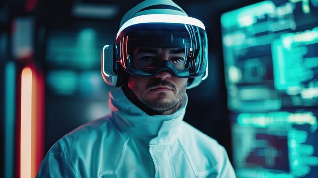 A man in futuristic protective gear and a helmet with visor stands in a high-tech environment, surrounded by glowing digital screens displaying data.