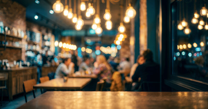 A cozy restaurant interior featuring warm lighting, blurred patrons sitting at wooden tables, and a vibrant atmosphere for social gatherings.