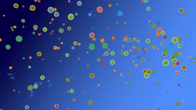 3d animation of pollen, dandelion seeds, and fluffy balls that trigger spring allergies. Moving and floating in the air. Diverse graphic style on a blue background.
