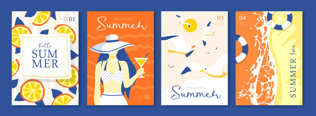 Fototapeta premium Set of summer Italian posters or covers with woman silhouette, cocktail, lemons, beach, seagulls and swim ring on the beach. Vector illustration