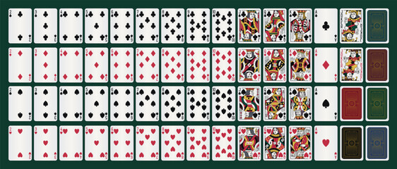 Playing Blackjack and Poker cards, full deck, face and back side. Vector editable illustration. Modern casino look. Premium luxury digital-ready design. © Yevhen