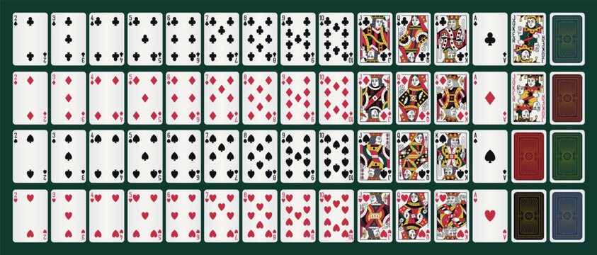 Playing Blackjack and Poker cards, full deck, face and back side. Vector editable illustration. Modern casino look. Premium luxury digital-ready design.