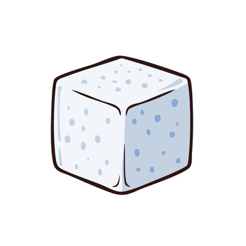 Hand drawn cube shaped sugar lump with blue dots representing granules
