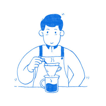 Professional Barista Making Pour Over Coffee with V60 Filter, Blue Mono-Line Flat Illustration, Manual Brewing Method and Craft Coffee Concept