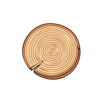 Circular wood slice with growth rings and a broken edge, simple illustration on white background