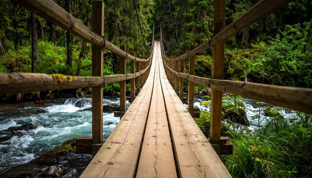 Wooden suspension bridge over a flowing stream in a lush forest