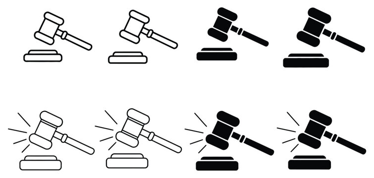 Outline and solid gavel icon set featuring gavels and sound blocks for legal proceedings and auction judgments, vector illustration collection representing law justice court decisions and professional