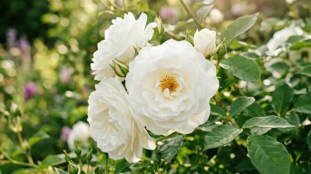 Beautiful white roses blooming gracefully in natural sunlight, elegant floral garden close up with fresh petals and lush greenery, soft bokeh, realistic detail, no logos