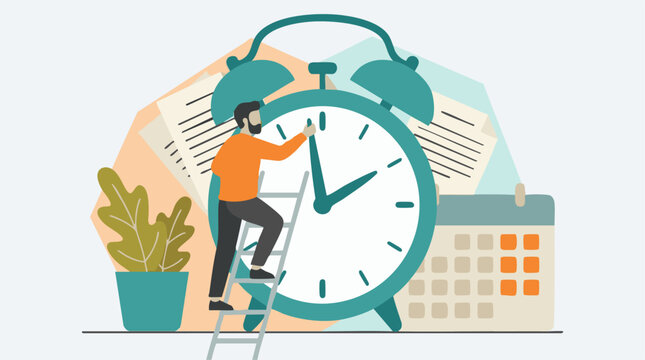 Illustration of man adjusting large alarm clock, symbolizing time management and deadlines