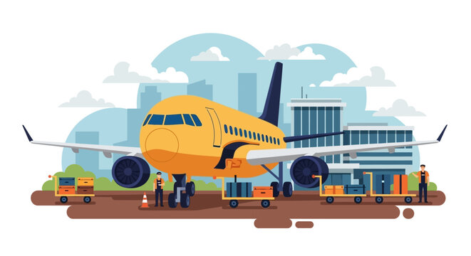 Yellow passenger airplane being loaded with cargo at an airport.
